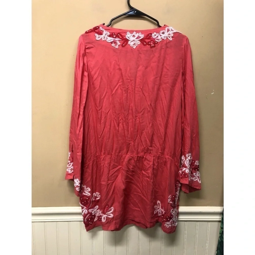 SOFT SURROUNDINGS Coral Pink Embroidered Floral Bead Tassel Tunic Top Size Med - Picture 2 of 6